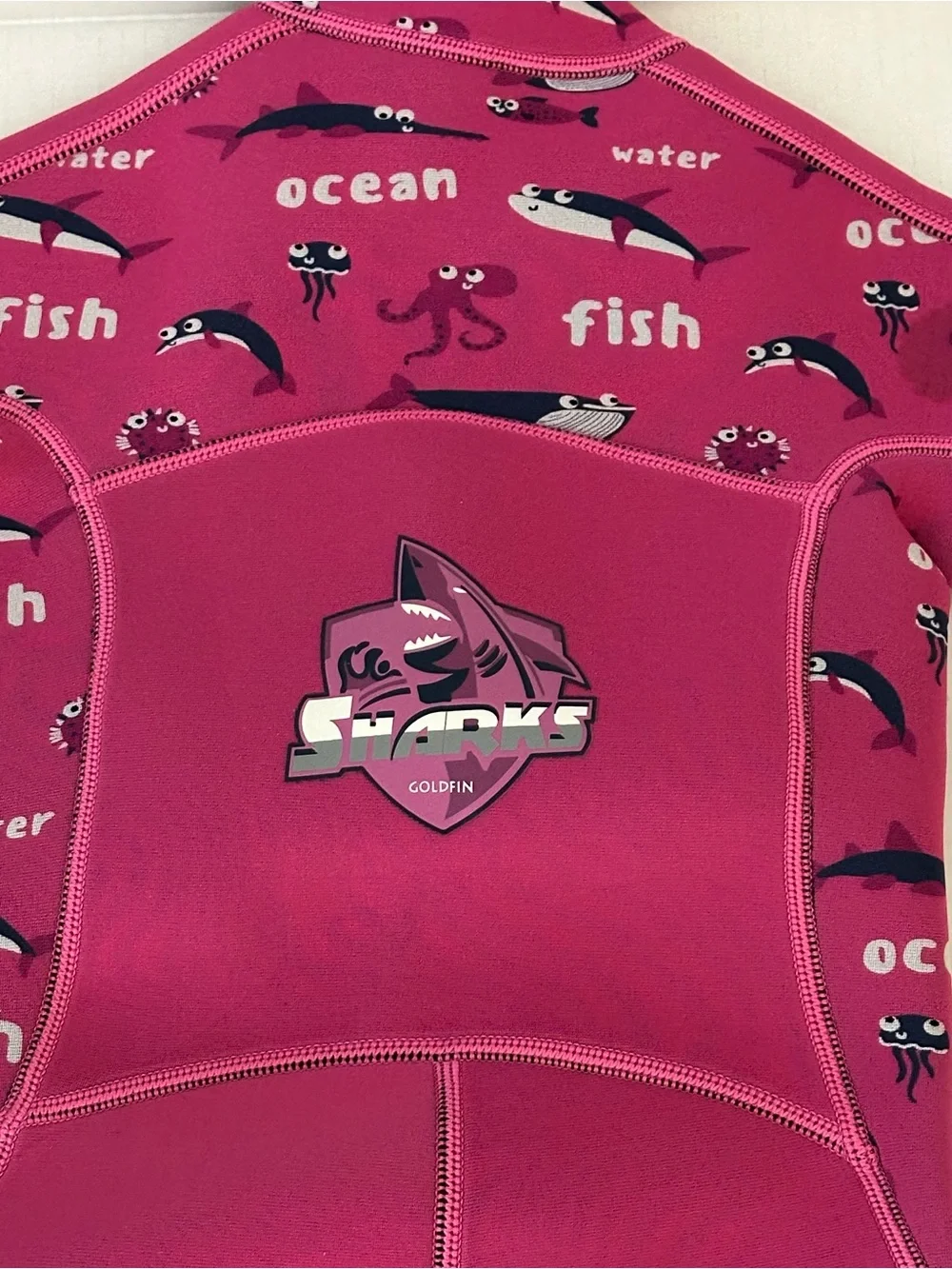 GoldFin Girls Wetsuit Size 4 Pink Shark Ocean Neoprene Shorty Front Zip Swim